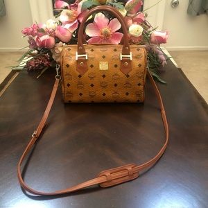 MCM Boston Cognac Coated Canvas Satchel